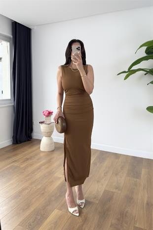 Desy Kahve Yanları Drape Detaylı Elbise