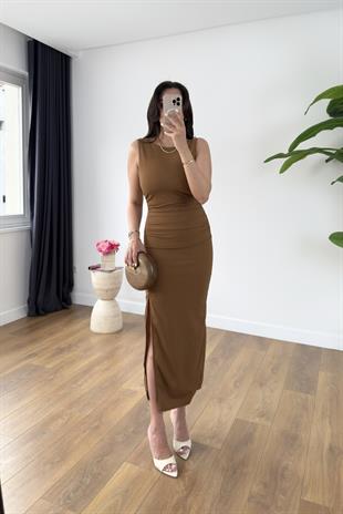 Desy Kahve Yanları Drape Detaylı Elbise