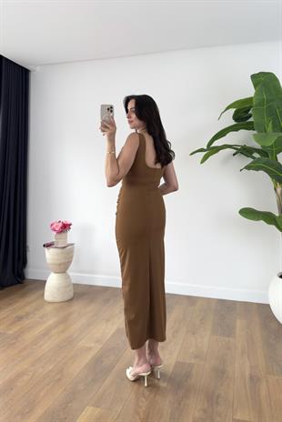 Desy Kahve Yanları Drape Detaylı Elbise
