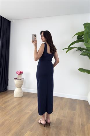 Desy Lacivert Yanları Drape Detaylı Elbise