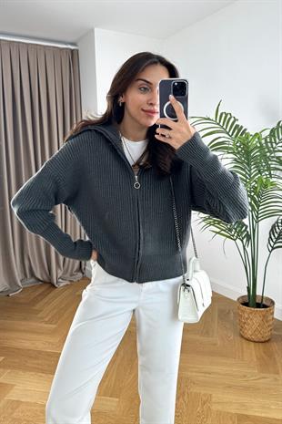 Koyu Füme Selanik Fermuarlı Hırka