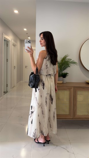 Diasna Ekru Desenli Halter Yaka Takım