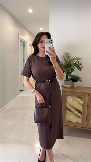 Dilla Kahve Kemerli Kısa Kollu Modal Elbise