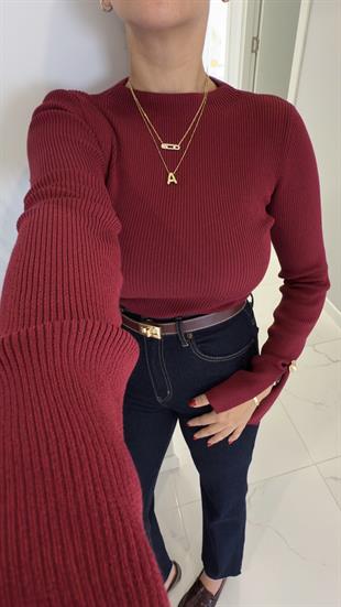 Dilvin Bross Açık Bordo Fitilli Yırtmaçlı Düğme Detaylı Triko