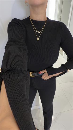 Dilvin Bross Siyah Fitilli Yırtmaçlı Düğme Detaylı Triko