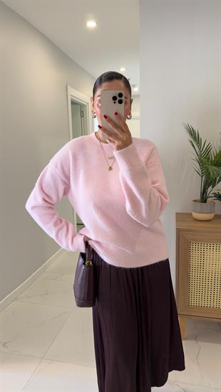 Dilvin Candy Pembe Bisiklet Yaka Yumuşak Dokulu Triko