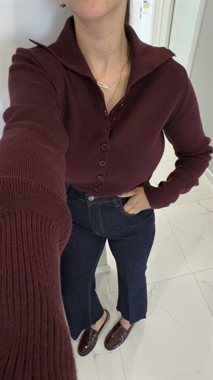 Dilvin Cleo Bordo Polo Yaka Düğmeli Triko