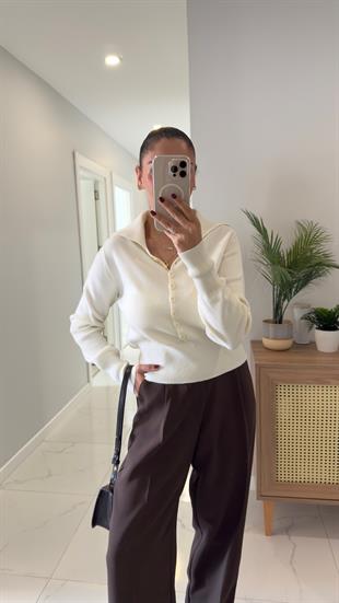 Dilvin Cleo Ekru Polo Yaka Düğmeli Triko