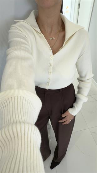 Dilvin Cleo Ekru Polo Yaka Düğmeli Triko