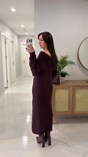 Dilvin Cunda Bordo Bardot Yaka Yumuşak Dokulu Elbise