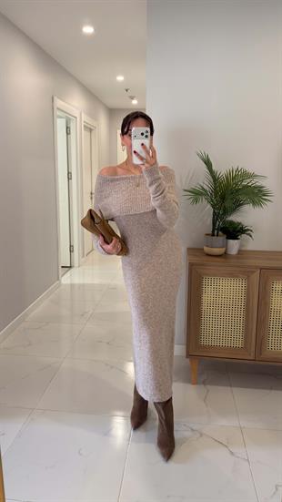 Dilvin Cunda Vizon Melanj Bardot Yaka Yumuşak Dokulu Elbise