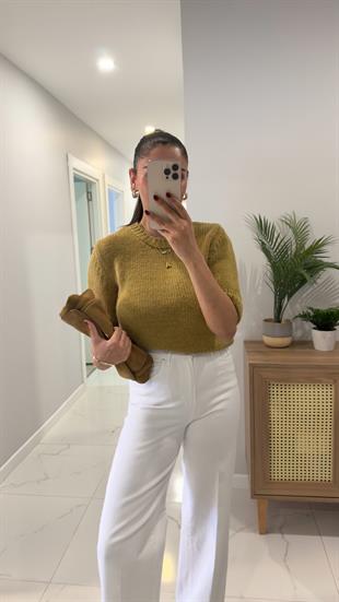 Dilvin Dorian Açık Haki Bisiklet Yaka Kısa Kol Triko