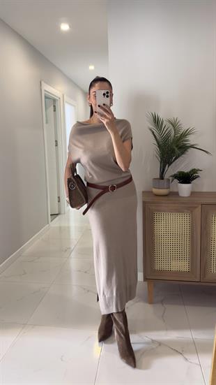 Dilvin Elas Koyu Vizon Asimetrik Yaka Kemerli Triko Elbise