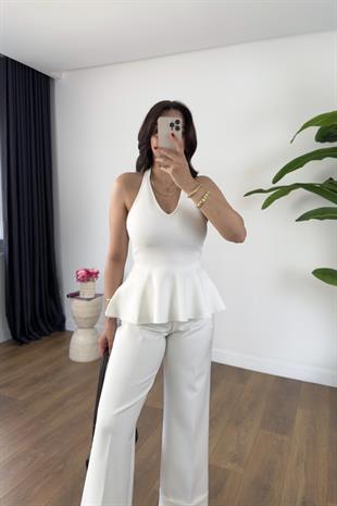 Dilvin Giga Beyaz Halter Yaka Peplum Triko Bluz