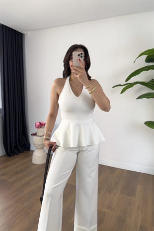 Dilvin Giga Beyaz Halter Yaka Peplum Triko Bluz