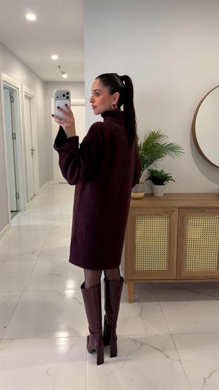 Dilvin Jegra Koyu Bordo Balıkçı Yaka Yumuşak Dokulu Elbise