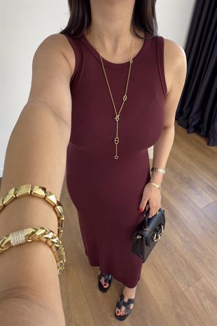 Dilvin Kuna Bordo Fitilli Maxi Elbise