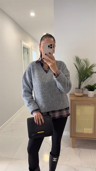 Dilvin Lansow Füme Melanj V Yaka Yumuşak Dokulu Triko