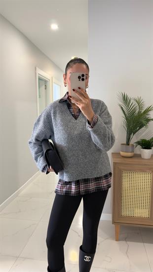 Dilvin Lansow Füme Melanj V Yaka Yumuşak Dokulu Triko