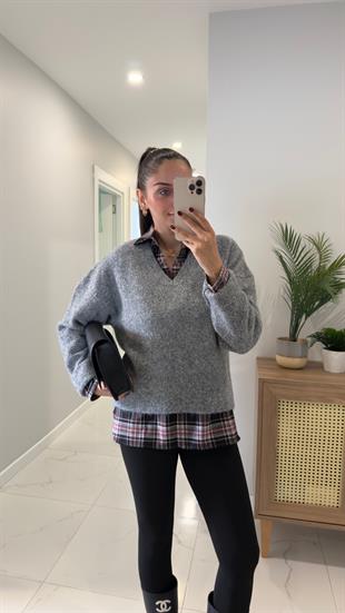 Dilvin Lansow Füme Melanj V Yaka Yumuşak Dokulu Triko