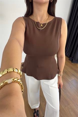 Dilvin Letasna Açık Kahve Kayık Yaka Peplum Top Atlet