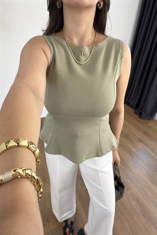 Dilvin Letasna Çağla Yeşili Kayık Yaka Peplum Top Atlet