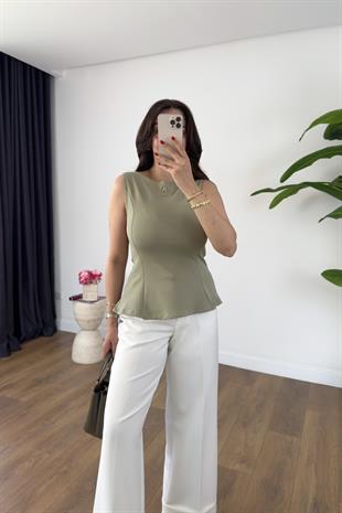 Dilvin Letasna Çağla Yeşili Kayık Yaka Peplum Top Atlet