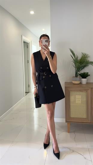 Dilvin Loria Siyah Kemerli Cep Detaylı Kruvaze Elbise