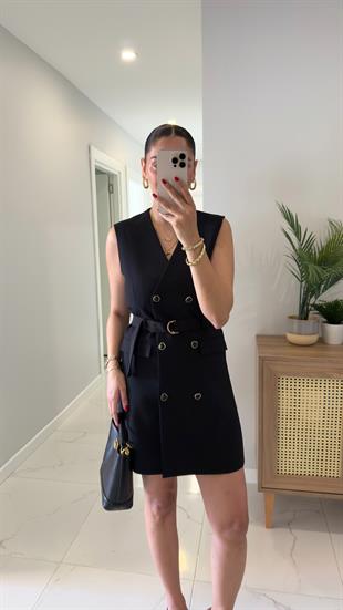 Dilvin Loria Siyah Kemerli Cep Detaylı Kruvaze Elbise