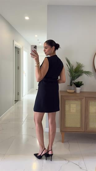 Dilvin Loria Siyah Kemerli Cep Detaylı Kruvaze Elbise