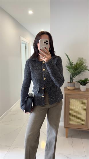 Dilvin Nos Antrasit Gold Düğmeli Cep Detaylı Hırka