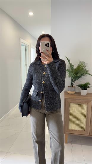 Dilvin Nos Antrasit Gold Düğmeli Cep Detaylı Hırka