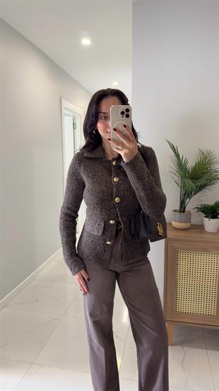 Dilvin Nos Kahve Gold Düğmeli Cep Detaylı Hırka