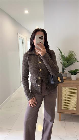 Dilvin Nos Kahve Gold Düğmeli Cep Detaylı Hırka