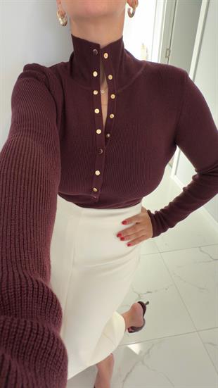 Dilvin Rachel Bordo Dik Yaka Çıtçıtlı Triko
