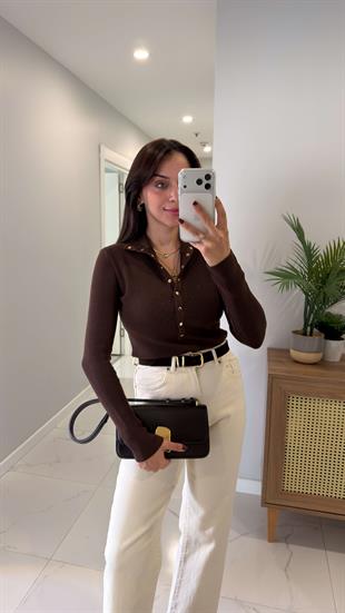 Dilvin Rachel Kahve Dik Yaka Çıtçıtlı Triko