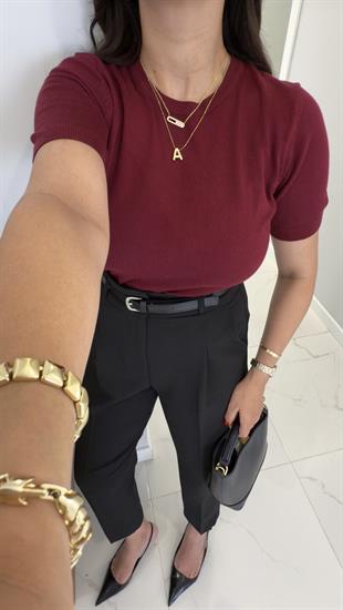 Dilvin Ross Bordo Bisiklet Yaka Kısa Kol Tişört Bluz