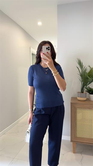 Dilvin Ross İndigo Bisiklet Yaka Kısa Kol Tişört Bluz
