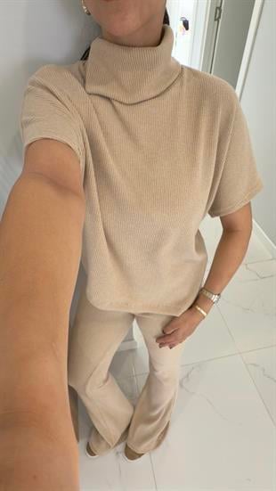 Dilvin Sia Bej Asimetrik Kesim Örme Pantolon Takım