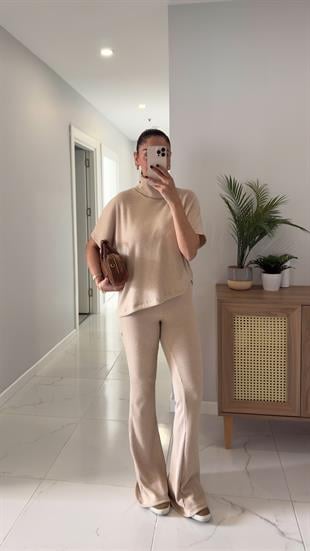 Dilvin Sia Bej Asimetrik Kesim Örme Pantolon Takım