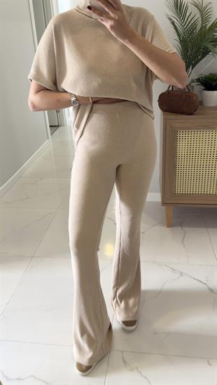 Dilvin Sia Bej Asimetrik Kesim Örme Pantolon Takım