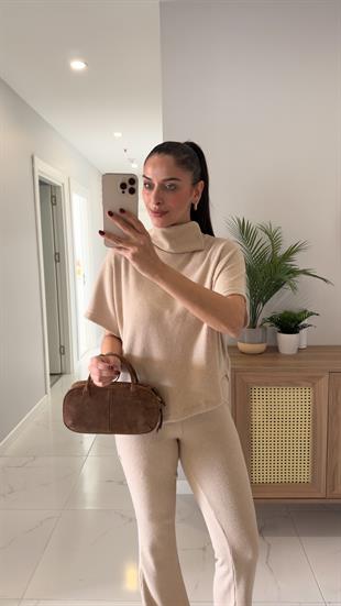 Dilvin Sia Bej Asimetrik Kesim Örme Pantolon Takım