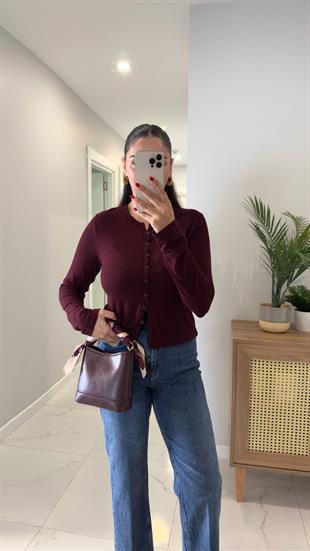 Dilvin Sia Bordo Düğme Detaylı Hırka