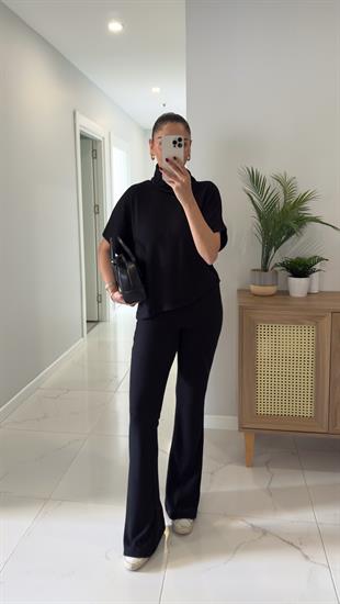 Dilvin Sia Siyah Asimetrik Kesim Örme Pantolon Takım