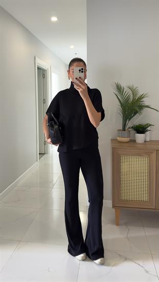 Dilvin Sia Siyah Asimetrik Kesim Örme Pantolon Takım