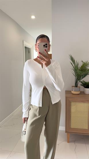 Dilvin Siana Ekru Fermuar Detaylı Bluz