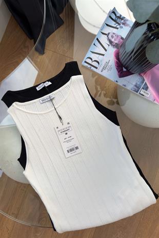 Dilvin Utra Ekru Kayık Yaka Fitilli Triko Bluz