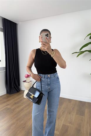 Dilvin Utra Siyah Kayık Yaka Fitilli Triko Bluz