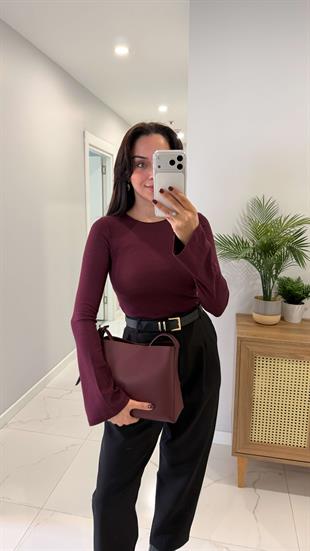 Dilvin Zerda Bordo Bisiklet Yaka Kol Detaylı Bluz