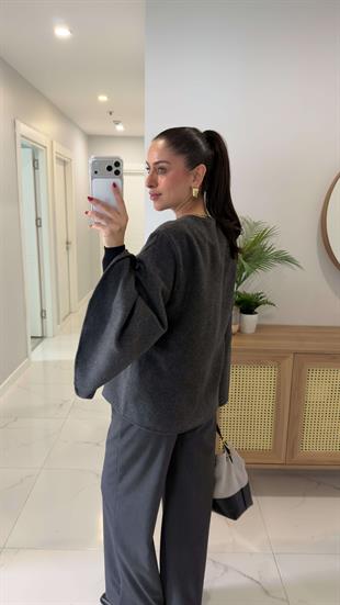 Dimitra Antrasit Kol Yırtmaçlı Kaşe Ceket